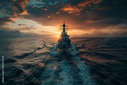 Battleship war ship sailing in sea