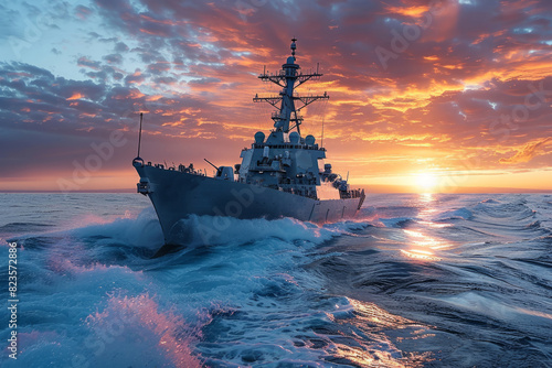 Battleship war ship sailing in sea