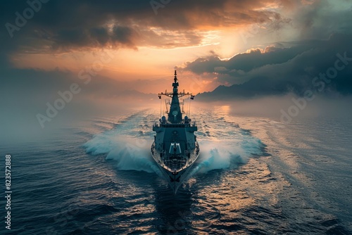 Modern battleship warship at sea