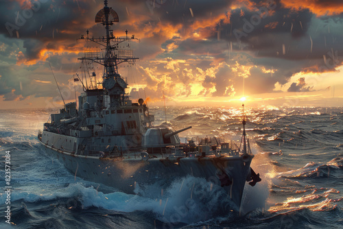 Modern battleship warship at sea