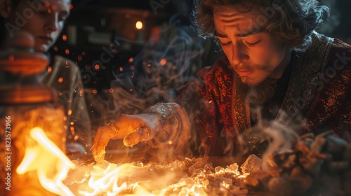 Depict a young apprentice watching in awe as a master alchemist performs a complex experiment involving fire and crystals, Close up
