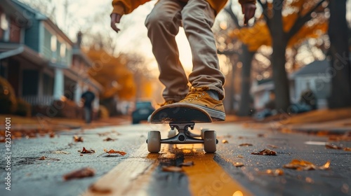 Depict a young skateboarder practicing ollies on a quiet suburban street, surrounded by houses and trees, Close up