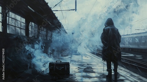 An evocative oil painting, a silhouette of a person in a raincoat standing at a foggy train station, an old suitcase beside them, the words Don't Forget appearing in misty tendrils