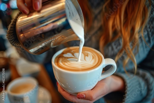 Professional barista pouring milk into cappuccino