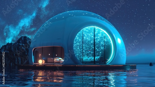 A bedroom that is built into an aquarium. The room is lit by blue light and furnished with a bed, a sofa, and a few chairs.