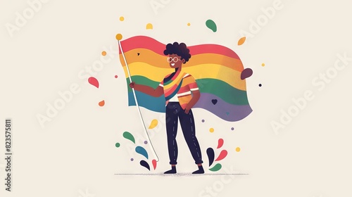A 2D flat style illustration character holding a rainbow flag, symbolizing LGBTQ+ pride and inclusivity. The character stands with a confident posture, smiling, and the background features subtle