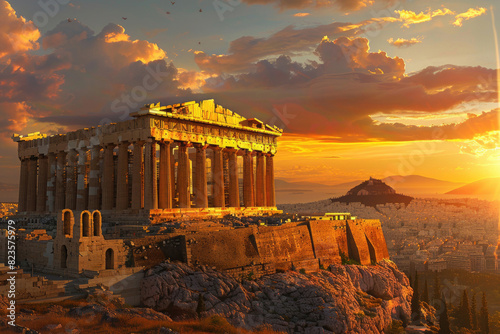 The Parthenon glowing in the setting sun with Athens sprawling below