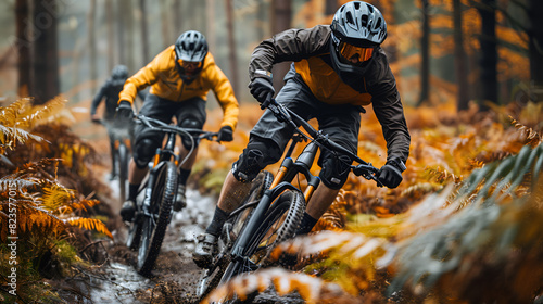 Mens are riding bikes in the woods