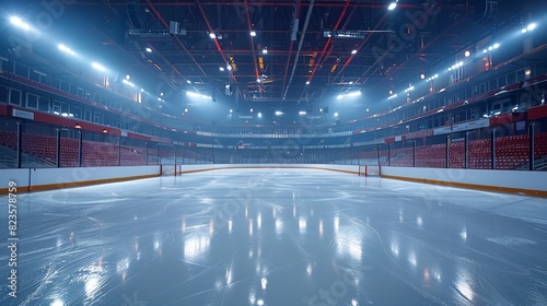 A portrait of a hockey ice rink sports arena with a dark theme and big space for text or sports product advertisement space background, Generative AI.