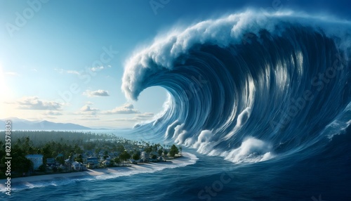 A massive tsunami wave towering over a coastal town, capturing the sheer power and destructive force of nature.