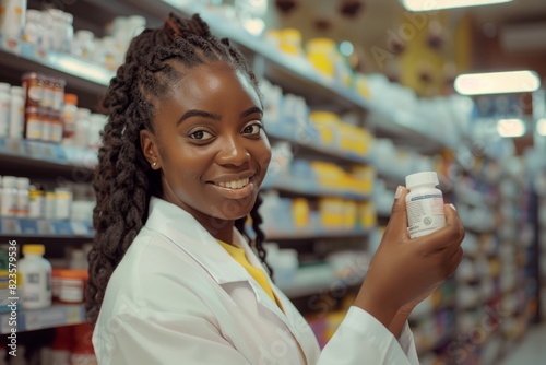 Portrait of a pharmacist, shelf choice, medicine stock, and pleased customers. Biracial doctor or clinician in pharmacy for drug inventory and healthcare
