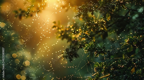 Close-up of spider and cobweb on tree branches with dew drops and sunbeam in the macro photography