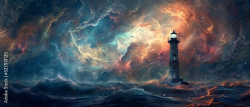 Fantasy lighthouse in stormy sea with huge waves and dark clouds.