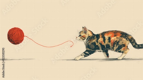 A playful illustration of a cat chasing a ball of yarn, capturing the mischievousness and charm of feline friends.