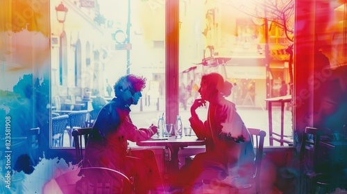 A couple is sitting at a cafe table, talking and laughing. The background is a blur of color.