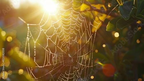 Close-up macro shot of sunlit spider on tree branch with dew drops, cobweb, and beautiful sunbeam