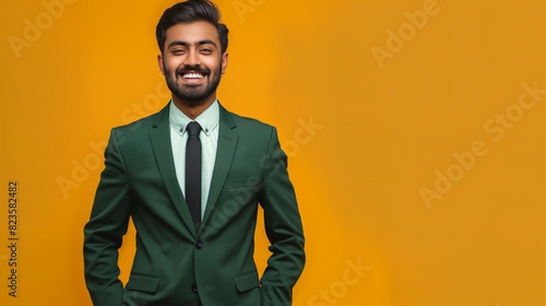 Homem indiano bonito e feliz em terno verde sobre fundo de cor laranja brilhante, retrato de estúdio colorido