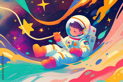 Ilustração de uma criança astronauta no espaço