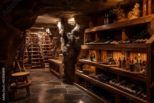 Warm lighting enhances the cozy ambiance of a sophisticated stone wine cellar with wooden shelves