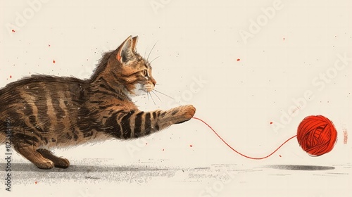A playful illustration of a cat chasing a ball of yarn, capturing the mischievousness and charm of feline friends.