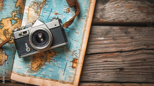 Close-up shot, artistic flat lay featuring a vintage camera, hand-drawn maps, and a well-worn travel journal on a textured wooden table