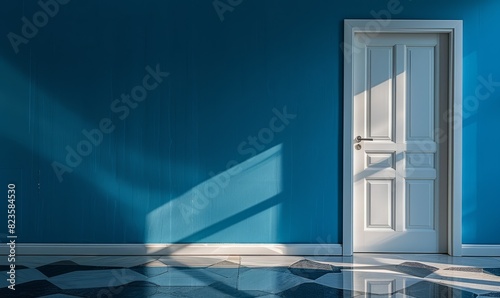 A flooded room with a door and its reflection in the water