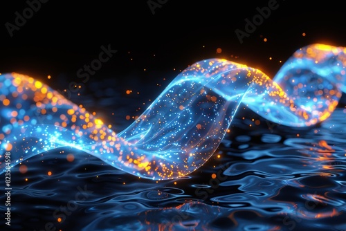 Blue and Orange DNA Strand Floating in Water