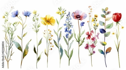 Aquarelle flowers. Watercolor floral collection with hand drawn herbs and flowers.