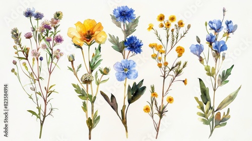 Aquarelle wildflowers. Yellow and blue flowers. Watercolor drawing of wildflowers.