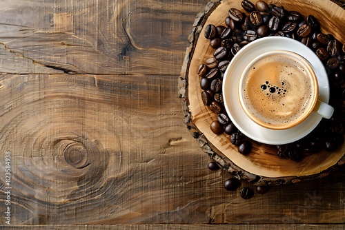 Hot coffee and bean coffee on the wooden table background.
