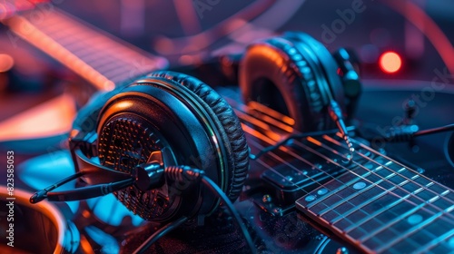 Close-up of vintage headset headphones and a classic guitar on a World Music Day banner, isolated background, studio lighting