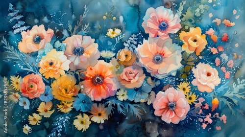 Exquisite watercolor painting of a bountiful floral bouquet