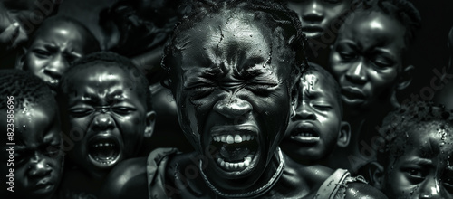 African poverty and suffering conceptual portrait image with tearful women and children crying out for help in desperation