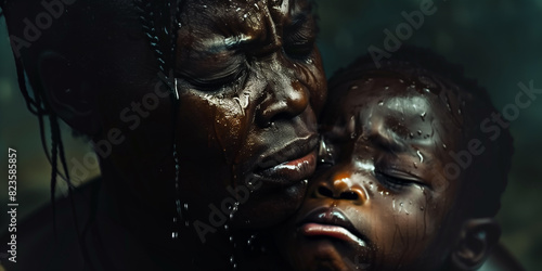 Tearful destitute African mother in anguish embracing her young child in the rain