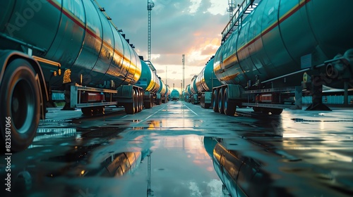 A fleet of parked semi trucks with large silver fuel tanks reflecting the setting sun.