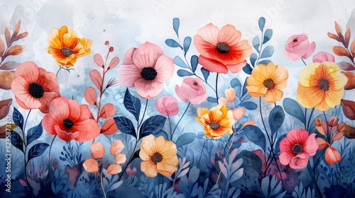 The image is a watercolor painting of a meadow full of colorful flowers