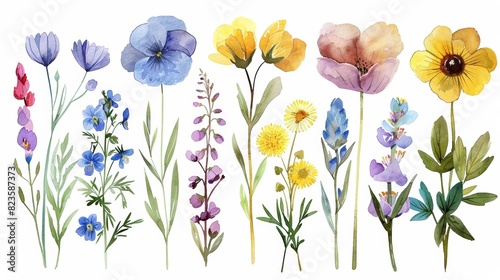 The image is a watercolor painting of a variety of flowers