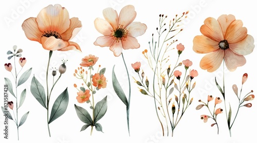 The image is a watercolor painting of a variety of flowers. The flowers are mostly pink and orange, with some green leaves. The painting has a soft, dreamy feel to it.