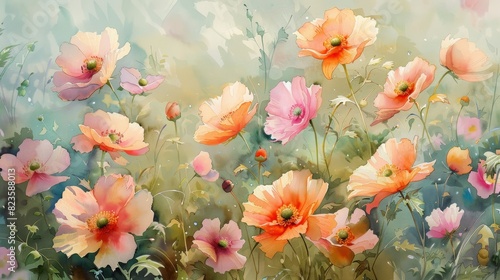 The image is of a field of flowers painted in a watercolor style