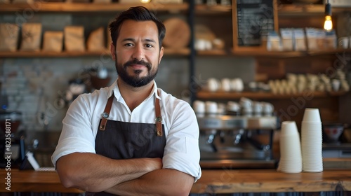 A handsome American barista wearing an apron standing with his arms crossed at a coffee shop, in the style of a small business owner and entrepreneur concept. 