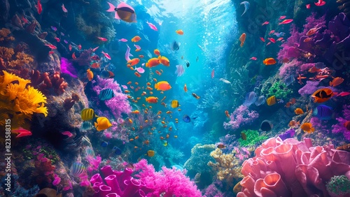 Colorful fish and coral under the ocean.