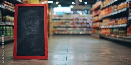 A close shot of a black chalk board with a super shop or store blurry background and a big space for text or product advertisement purpose, Generative AI.