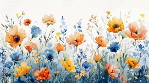 The image shows a field of colorful flowers painted in a watercolor style