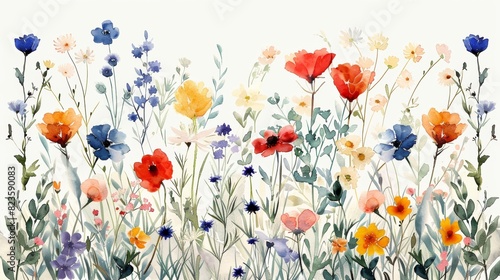 The image shows a watercolor painting of a meadow with colorful flowers and grass