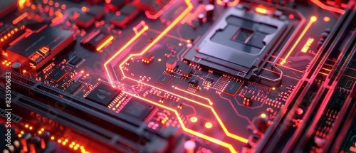 Integrated circuit glowing on a modern and hightech motherboard