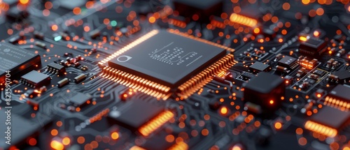 Integrated circuit glowing on a detailed and modern motherboard