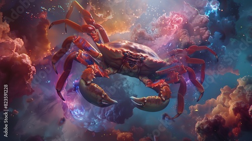 a crab floating in a nebulous dreamscape, surrounded by ethereal colors and fantastical creatures