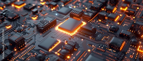 Glowing computer chip on a hightech and intricate motherboard