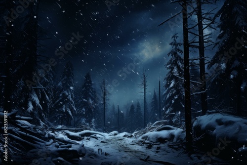 Serene snowy landscape at night with towering pine trees under a star-filled sky