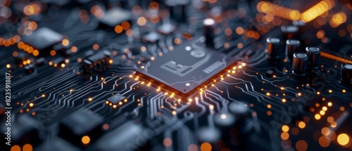 Detailed view of a glowing integrated circuit on a computer board